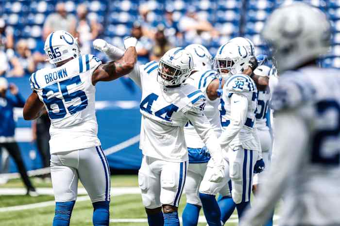 Indianapolis Colts defensive tackle Andrew Brown (65) and Indianapolis Colts outside linebacker Zaire Franklin (44) get pumped up on Sunday, Aug. 15, 2021, during a pre-season game between the Indianapolis Colts and the Carolina Panthers at Lucas Oil Stadium in Indianapolis. Finals 2